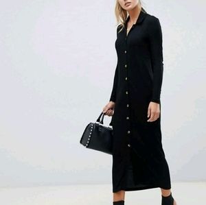 Asos Black Ribbed Polo Button Front Midi Dress